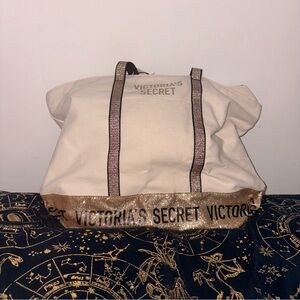 Victoria’s Secret Sparkle Carryall Canvas Tote Bag Weekender Gold Glitter